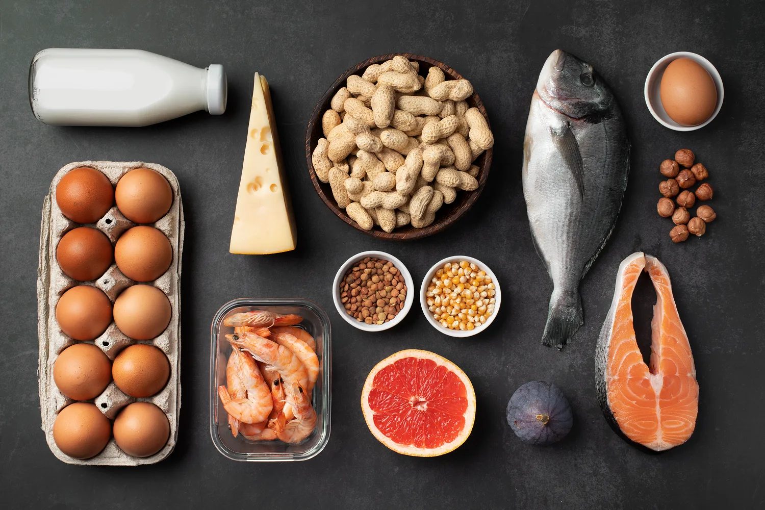Protein-rich foods including eggs, fish, nuts, and dairy displayed together to represent nutrients that support immune wellness.