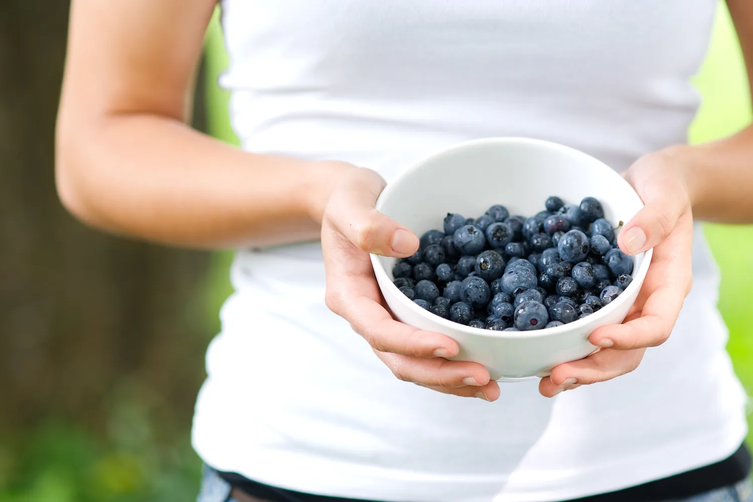 Person holding a bowl of fresh blueberries outdoors, representing antioxidant-rich foods linked to seasonal wellness support.